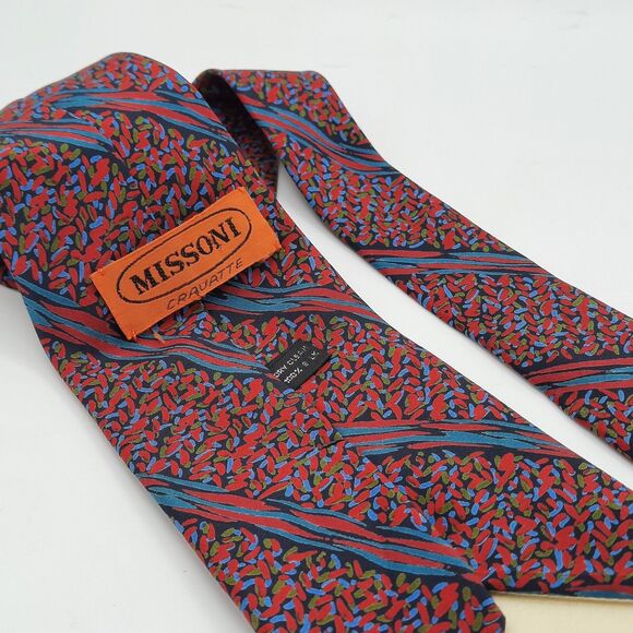 Missoni Cravatte Tie 100% Silk Red Blue Black Abstract Geometric Necktie  XLNT - Picture 6 of 8